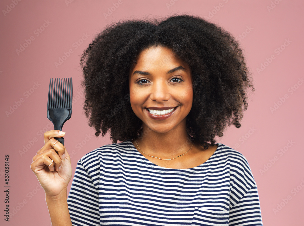 Poster Afro, haircare and portrait of black woman, comb and smile for hairstyle, texture and health of hair. Pink background, face and African girl with happiness for treatment in studio and hairdresser