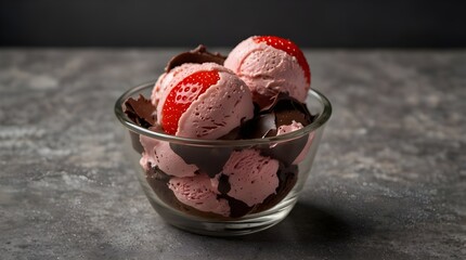 A delicious combination of chocolate, vanilla, and strawberry ice cream or pastry in a transparent bowl. Artificial Intelligence