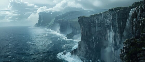 Journey to the edge of a cliff overlooking a vast expanse of sea, where the crashing waves below speak of untold adventures and distant shores.