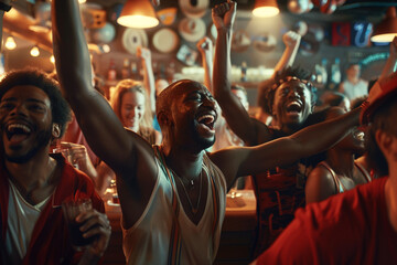 Friends spending time together in a sports bar, having fun, talking together and relaxing, enjoying life on a summer day.