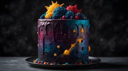 A cake shaped like a cosmic galaxy, featuring layers of dark velvet filled with edible stars that shine and frosting that resembles nebulas, set against a clear backdrop