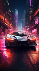 high tech stealth supercar racing in cyberpunk city with neon light