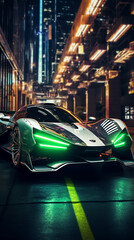 high tech stealth supercar racing in cyberpunk city with neon light