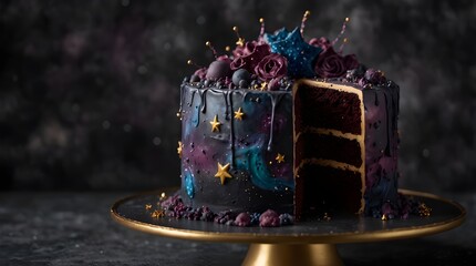 A cake shaped like a cosmic galaxy, featuring layers of dark velvet filled with edible stars that shine and frosting that resembles nebulas, set against a clear backdrop