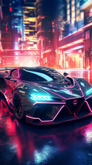 high tech stealth supercar racing in cyberpunk city with neon light