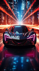 high tech stealth supercar racing in cyberpunk city with neon light