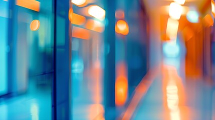 abstract blur modern interior inside entrance building of office in blue background with orange light effect concept : Generative AI