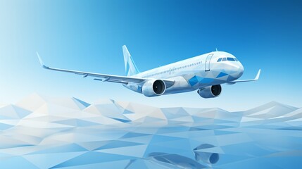 Obraz premium A sleek white airplane flying over a minimalist blue and white geometric background, modern design, high contrast, clean lines 8K , high-resolution, ultra HD,up32K HD