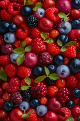  background  image of ripe different virious berries with water drops. fllat lay. digital artwork.  Ai generated.