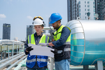 Engineer under industrial inspection Large water heaters are used in high-rise condominiums.