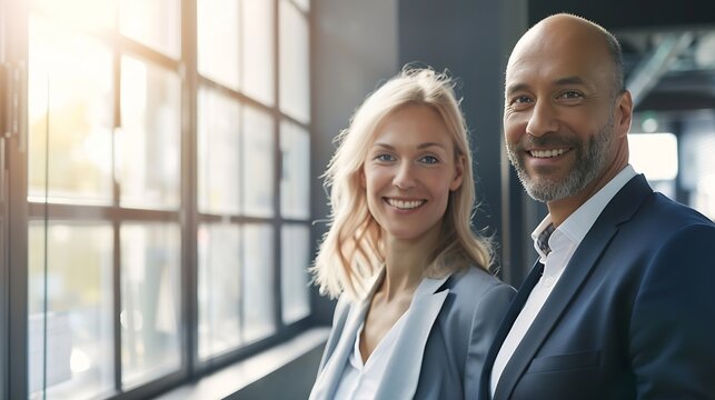 Portrait of smiling businessman and businesswoman at the window in a factory : Generative AI