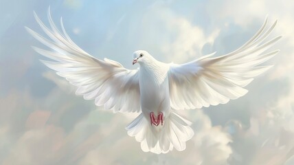 Spirit of the Holy. A solitary flying dove on a white backdrop. digital art.