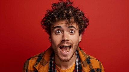 Close up portrait of excited young man with open mouth looking at camera isolated on red background. Advertising banner