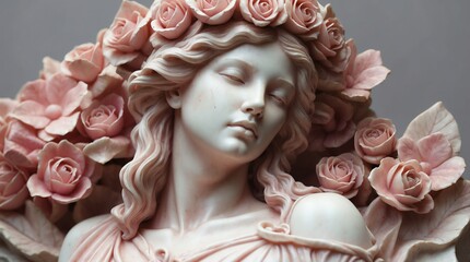 pink flowers crown wreath of beautiful woman marble sculpture statue art