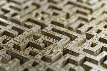 A high-resolution image of a Lego-style pattern with bricks creating an intricate maze design, natural lighting highlighting the details