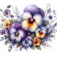 A painting of a bouquet of purple and yellow flowers