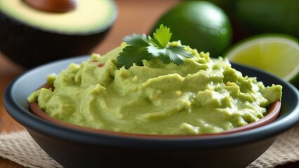 Obraz premium Avocado Guacamole. Detail shot of black bowl guacamole. vegan food concept