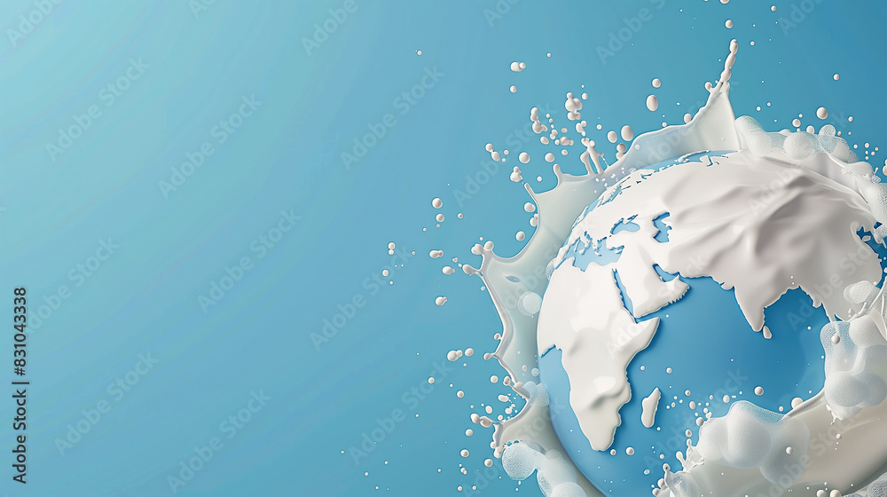 Wall mural 3D illustration of Earth surrounded with milk splash on blue background, celebrate world milk day