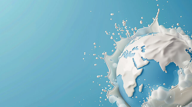 3D illustration of Earth surrounded with milk splash on blue background, celebrate world milk day - Powered by Adobe