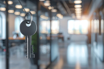 sleek key icon suspended in a contemporary office environment