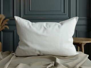 Blank white pillow mockup on a dark studio surface
