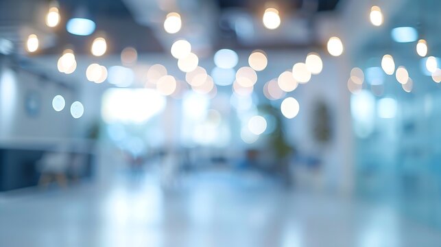 Blurred empty open space office Abstract light bokeh at office interior background for design : Generative AI