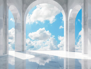 Ai Generated Art A Spacious Classical White Hall with a Cloudy Sky is Seen, Heaven, Afterlife Concept