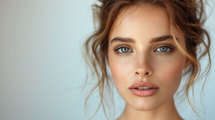 Fototapeta premium Gorgeous woman with blue eyes, clear glowing skin, perfect shiny body after spa effect, doing nourishing skincare routine, spa at home, standing over white background.