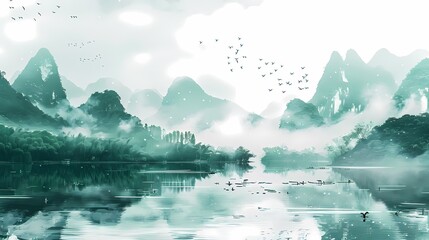 Green and white Chinese style ink landscape poster background