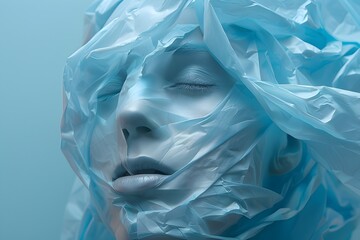 Obraz premium A woman's face is covered in plastic wrap, giving her a ghostly appearance. Concept of mystery and intrigue, as the woman's features are obscured by the plastic