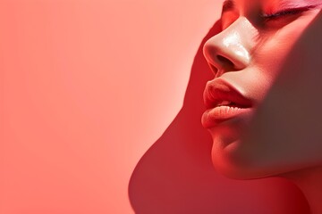 A woman with red lips and a pink background. The woman is looking away from the camera. The image has a warm and inviting mood