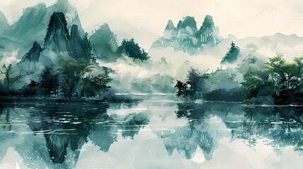 Green and white Chinese style ink landscape poster background