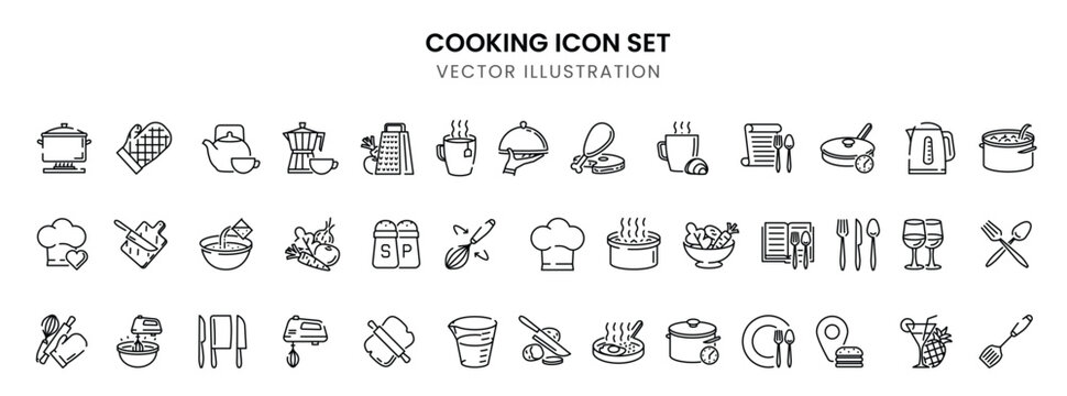 Cooking Icon. Cooking Icon Set. Cooking Line Icons. Boiling Time, Frying Pan And Kitchen Utensils. Fork, Spoon And Knife Line Icons. Recipe Book, Chef Hat And Cutting Board. Cooking Book, Frying Time,