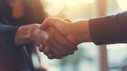 Good deal Closeup of two business people shaking hands while sitting at the working place :...