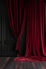 Ai Generated Art Dark Red Velvet Drapes Curtains on a Dark Black Shabby Vintage Wooden Background Scene