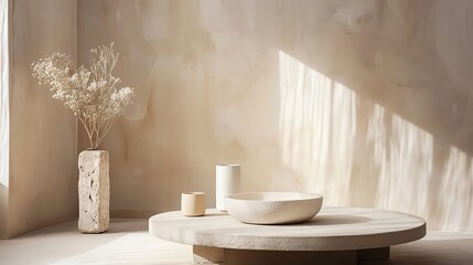 Minimal product display with a ceramic podium and artisanal touch