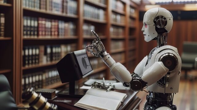 An AI-powered legal assistant robot interacting with a computer in a library, symbolizing advanced legal technology.