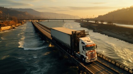 An eye-catching photo of a semi truck driving on a bridge during the warm golden hour sunset