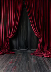 Ai Generated Art Red Velvet Drapes Curtains on a Dark Black Vintage Wooden Background Scene