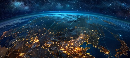 Obraz premium A world map of Eastern Europe with a focus on Ukraine has already spread into space, and satellites provide long-standing international connections via the Internet. 
