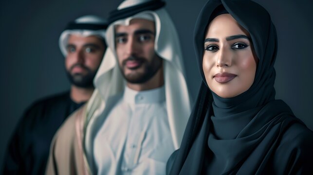 Beautiful arab middleeastern women with traditional abaya dress and middle easter man wearing kandora in studio  Group of arabic muslim adults portrait in Dubai United Arab Emirates : Generative AI