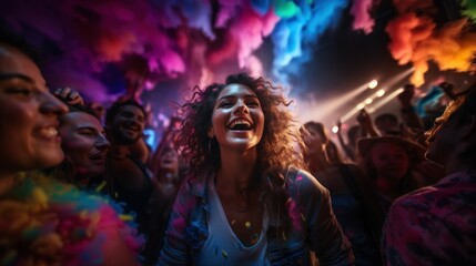 A woman is radiant with joy, immersed in the vibrant atmosphere of a lively music festival