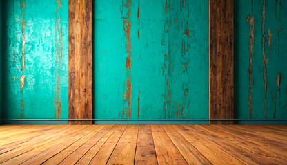 light blue-yellow empty modren wall and wooden brown floor with interesting with glare from the window. Interior background for the presentation.For displaying product.High quality photos