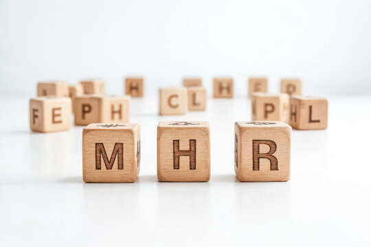 Wooden blocks spelling MHR on a white background