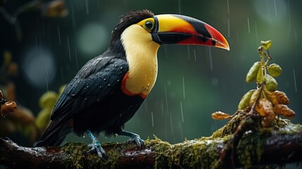 A vibrant toucan with a large beak perched on a wet branch during rainfall in a lush green environment