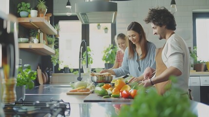 Nourishing Togetherness: A Family Prepares a Healthy Meal in a Modern Kitchen Focused on Wellness