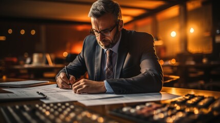 A hard-working businessman focuses intently on paperwork at his desk late at night in an office