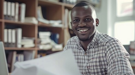 Obraz premium African small business owner smiling with paperwork and laptop : Generative AI