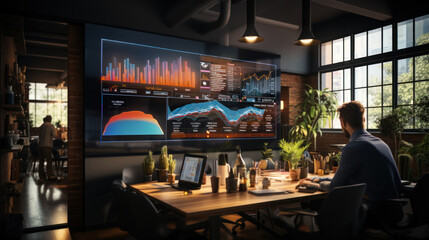 Professional analyzing complex graphs and data on a big monitor in a modern office setting