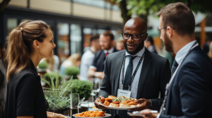 Diverse group of professionals networking outside with focus on a smiling man holding food